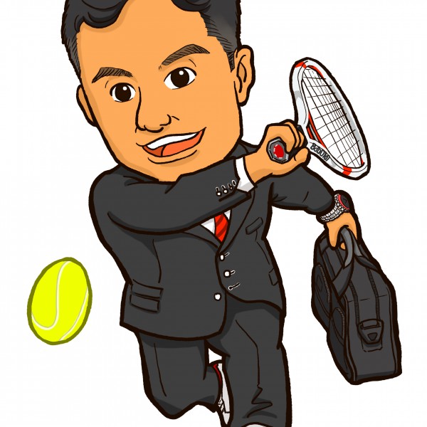 スーツ姿でテニスをする保険販売員様似顔絵