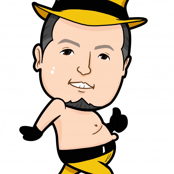 セイズストリートさまのマスコットキャラクターに扮した上半身裸の似顔絵