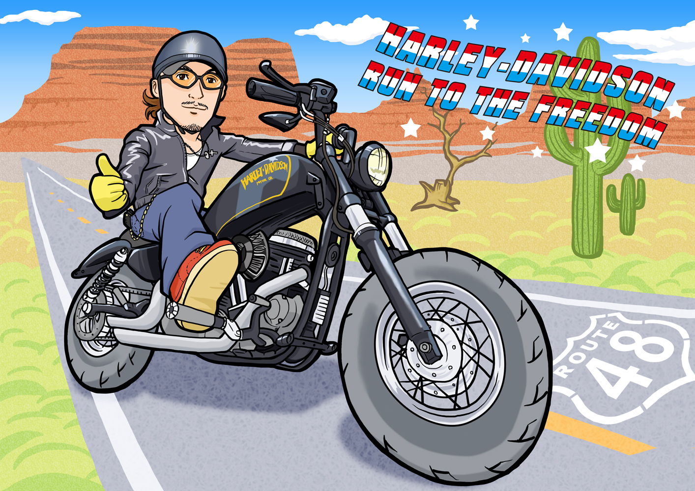 ハーレーダビッドソンでアメリカを駆け抜けるお祝いイラスト スキマデザイン