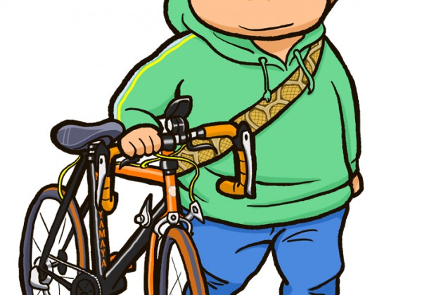 ロードバイクと三線自転車店オーナー様似顔絵