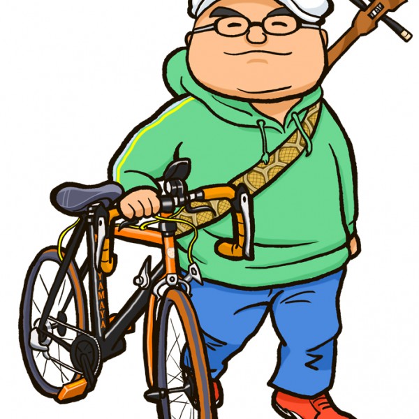 ロードバイクと三線自転車店オーナー様似顔絵