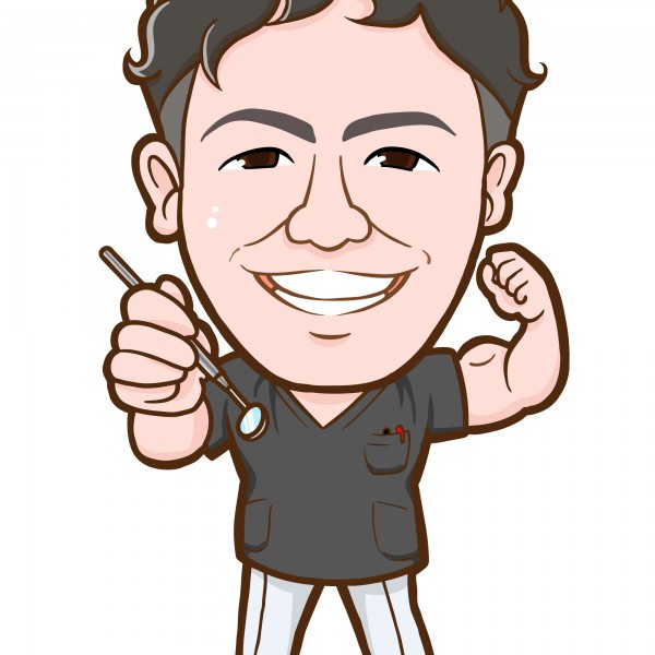 筋トレが趣味でデンタルミラーを持った歯科医師様の似顔絵作成