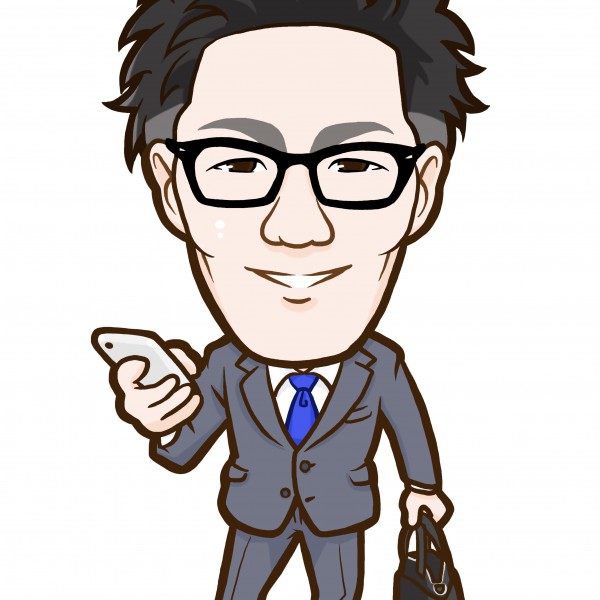 スマホを持ったスーツ姿の似顔絵