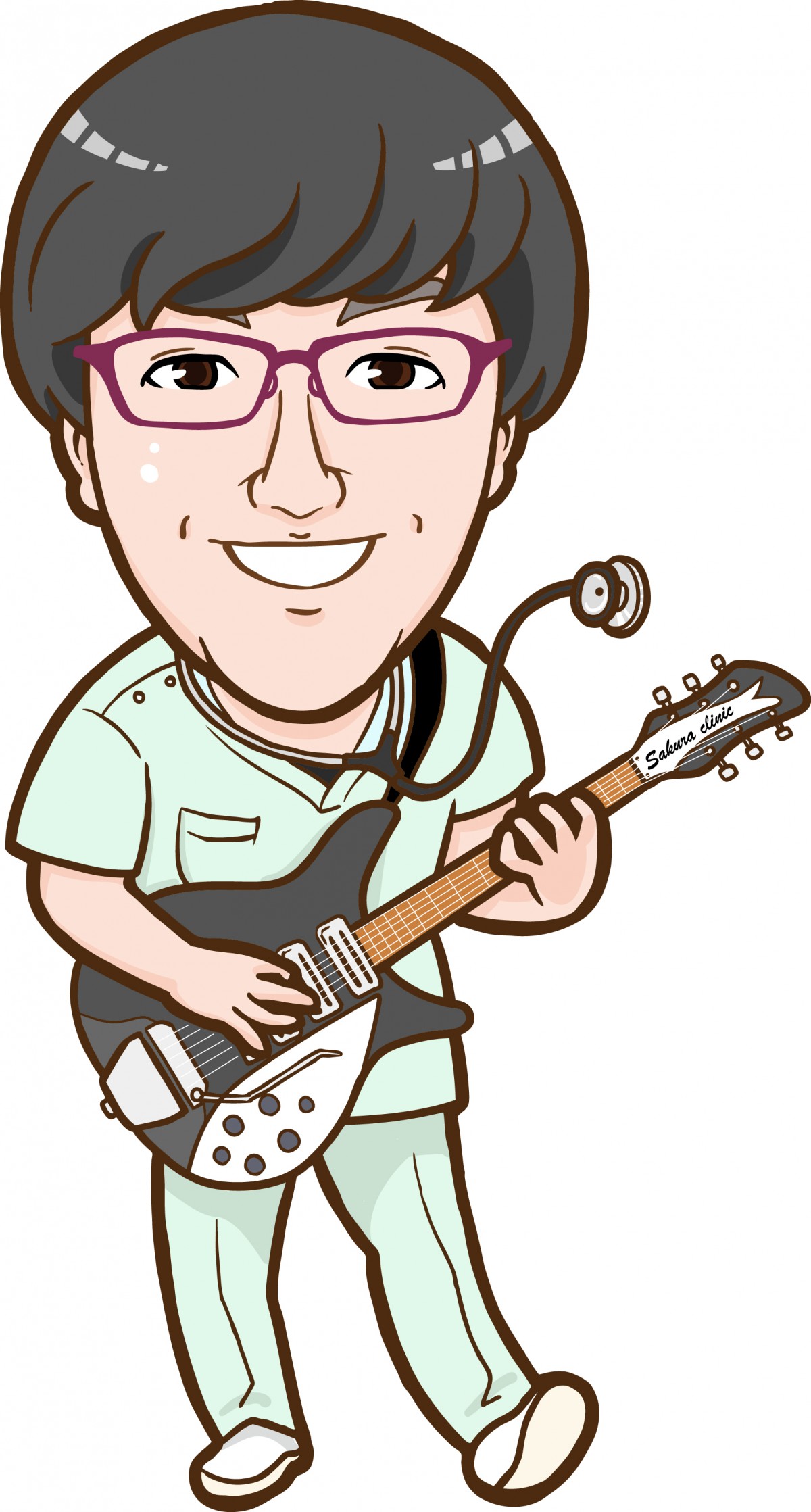 ギターを演奏するマッシュルームカットのお医者様似顔絵