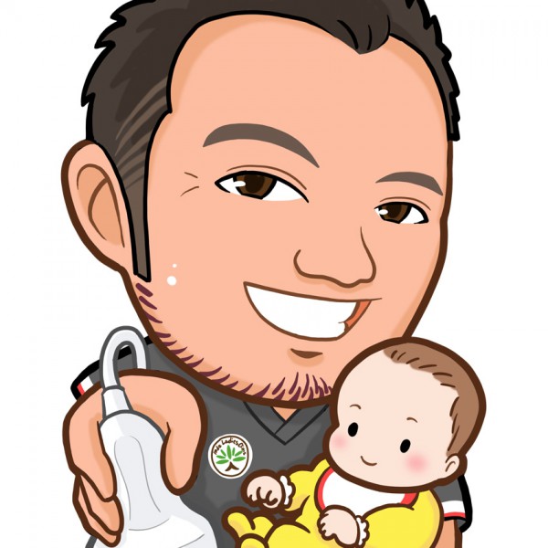 右手に超音波診断装置のプローブ、左手に赤ちゃんを抱いた医師の上半身似顔絵