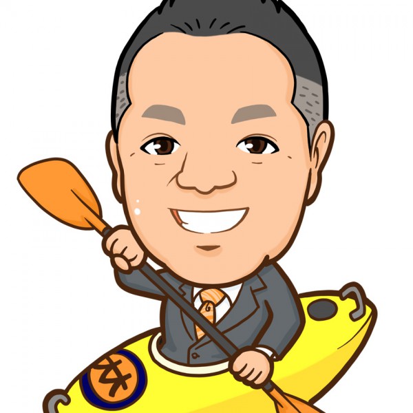 カヌーの乗ってパドルを漕ぐスーツ姿の上半身似顔絵