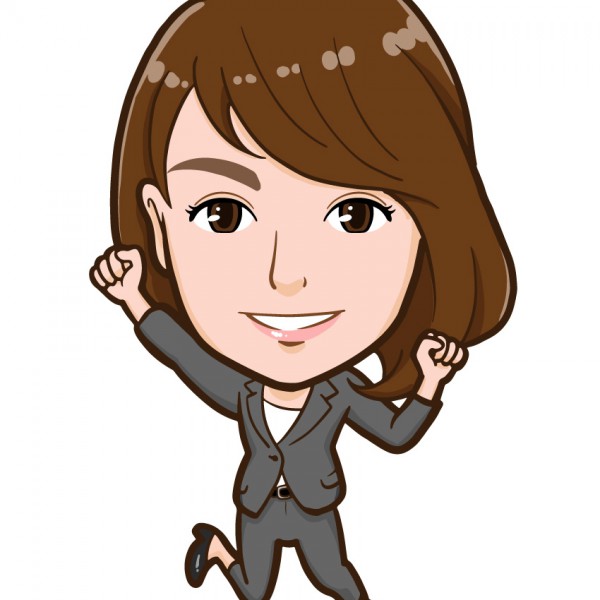 スーツ姿で元気にジャンプする女性の全身似顔絵