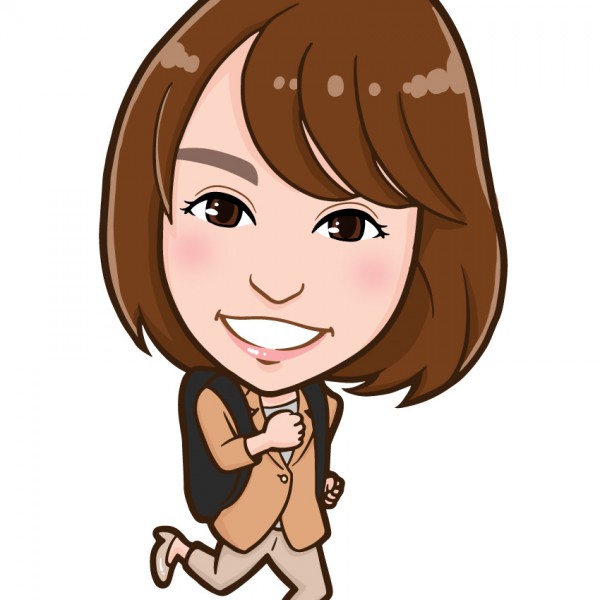 リュックを背負って駆け足の女性の全身似顔絵