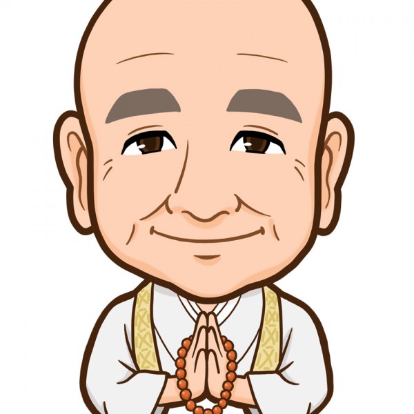 数珠を持って合掌するお坊さんの上半身似顔絵