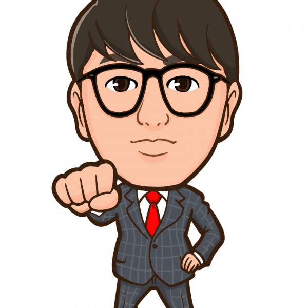 大きなメガネとガッツだぜポーズの全身似顔絵