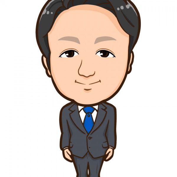 スーツ姿でバシッと起立したスーツ姿の全身似顔絵