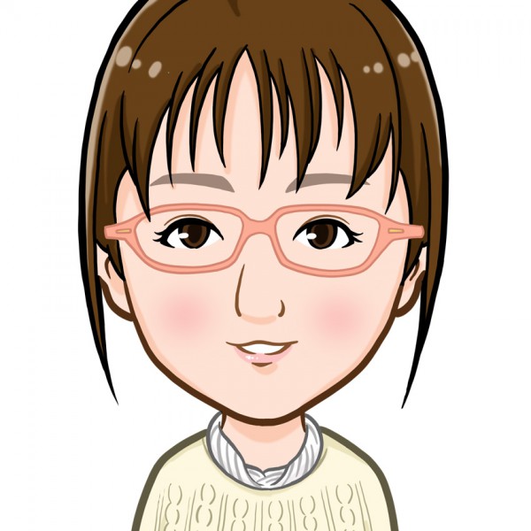 ピンクフレームめがねの女性上半身似顔絵