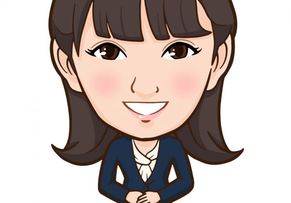 スーツ姿で前で手を合わせた女性全身似顔絵