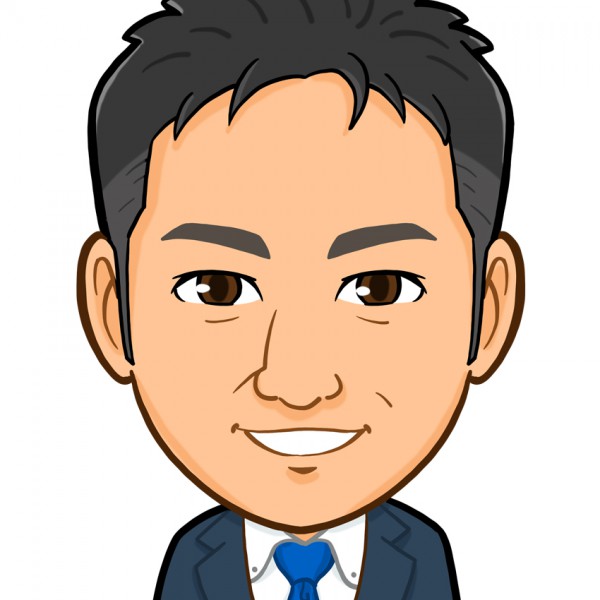 短髪で青ネクタイスーツの上半身似顔絵