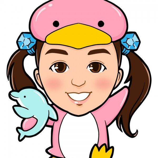 ピンクペンギンの着ぐるみを着た女の子全身似顔絵