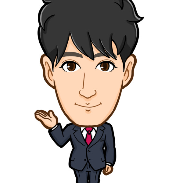 案内ポーズでスーツ姿の男性全身似顔絵