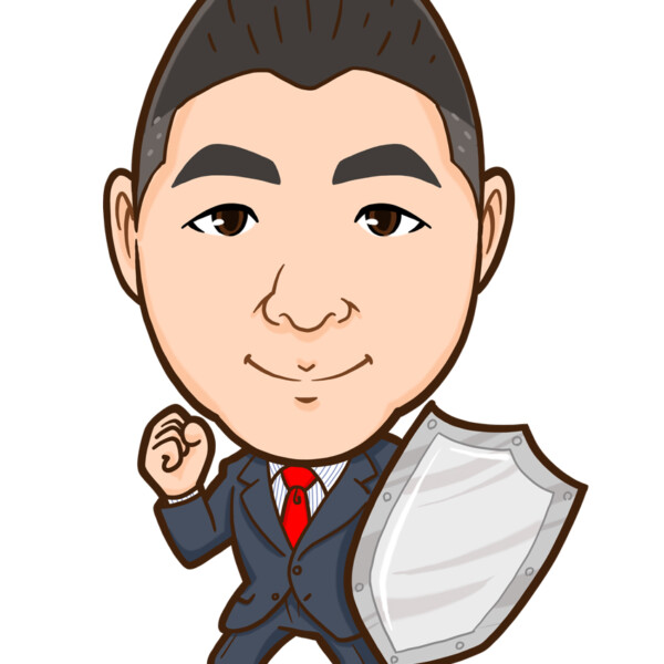 銀の盾を持ったスーツ姿の全身似顔絵