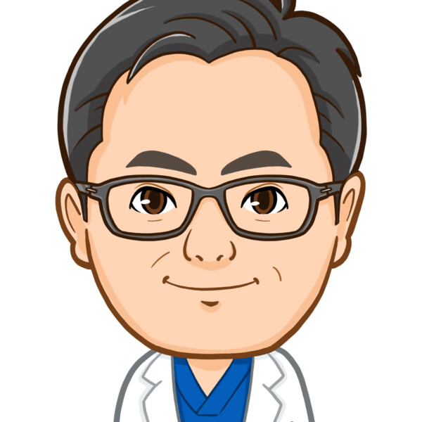 青のスクラブに白衣の医師様上半身似顔絵