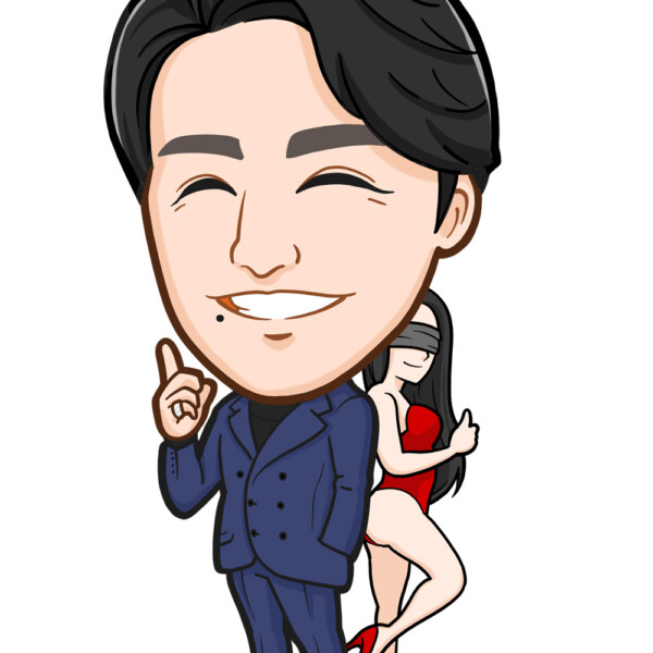 目隠しセクシー女性とスーツ男性全身似顔絵作成