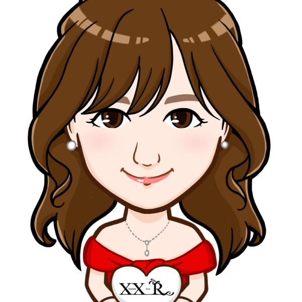 赤いドレスにハートに店名ロゴを入れた女性上半身似顔絵作成