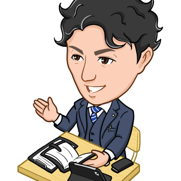 スーツ姿で手帳を広げお客様に説明する似顔絵