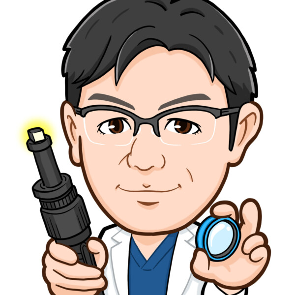 眼科用道具を持った白衣の上半身似顔絵