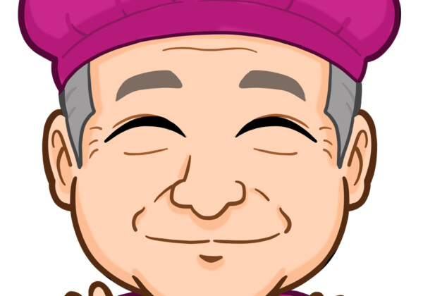紫のちゃんちゃんこを着た70歳男性上半身似顔絵作成
