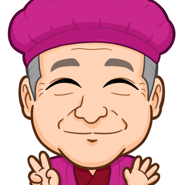 紫のちゃんちゃんこを着た70歳男性上半身似顔絵作成