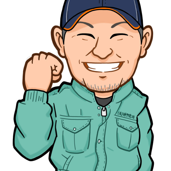 ガッツポーズで作業着を着た男性上半身似顔絵