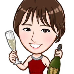 シャンパングラスとボトルを持った赤いロングドレスの女性上半身似顔絵作成
