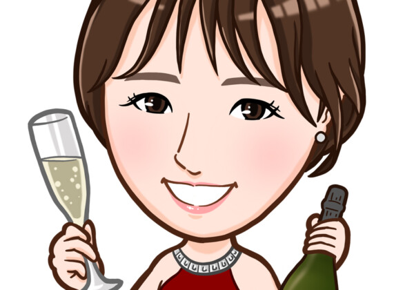 シャンパングラスとボトルを持った赤いロングドレスの女性上半身似顔絵作成