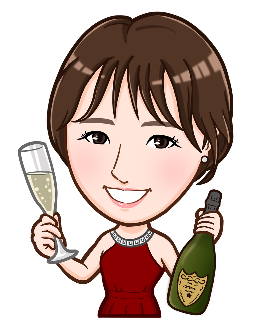 シャンパングラスとボトルを持った赤いロングドレスの女性上半身似顔絵作成