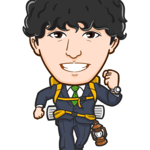 キャンプ好きでザックを背負ったスーツ男性全身似顔絵