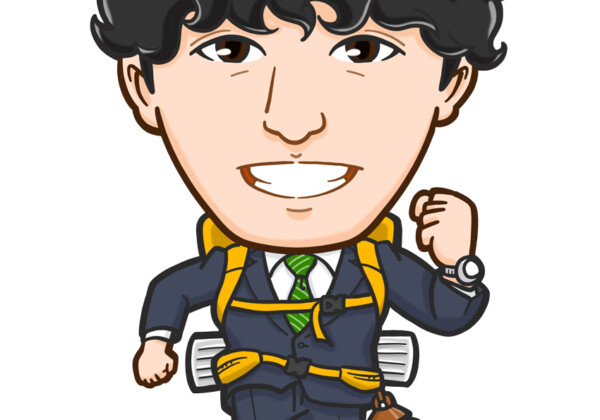 キャンプ好きでザックを背負ったスーツ男性全身似顔絵
