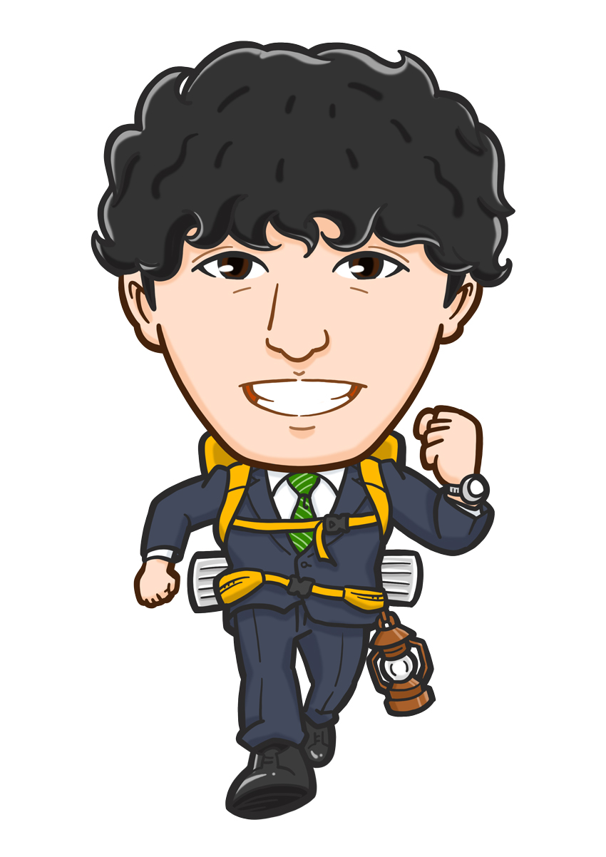 キャンプ好きでザックを背負ったスーツ男性全身似顔絵