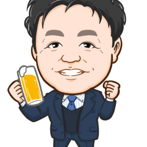 片手にビールを持ったガッツポーズのスーツ姿男性全身似顔絵