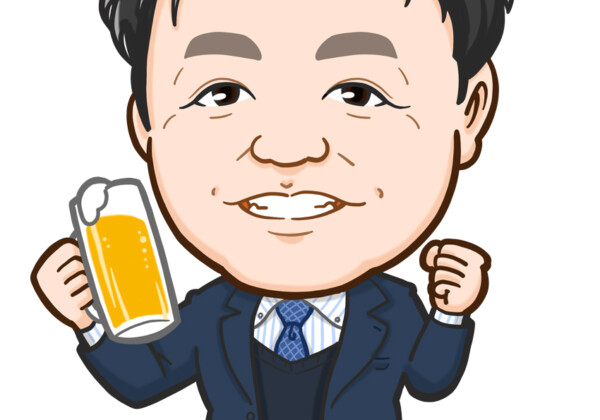 片手にビールを持ったガッツポーズのスーツ姿男性全身似顔絵