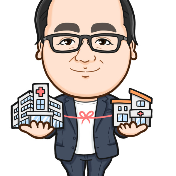 両手に病院とクリニックを持った男性全身似顔絵