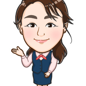 事務姿で「こちらです」ジャスチャーの女性全身似顔絵