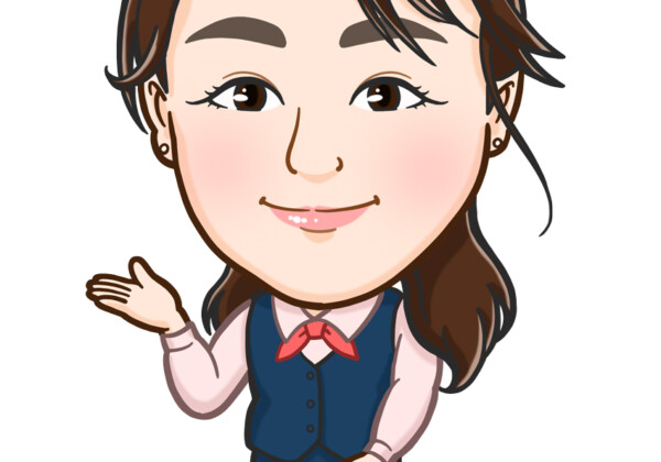 事務姿で「こちらです」ジャスチャーの女性全身似顔絵