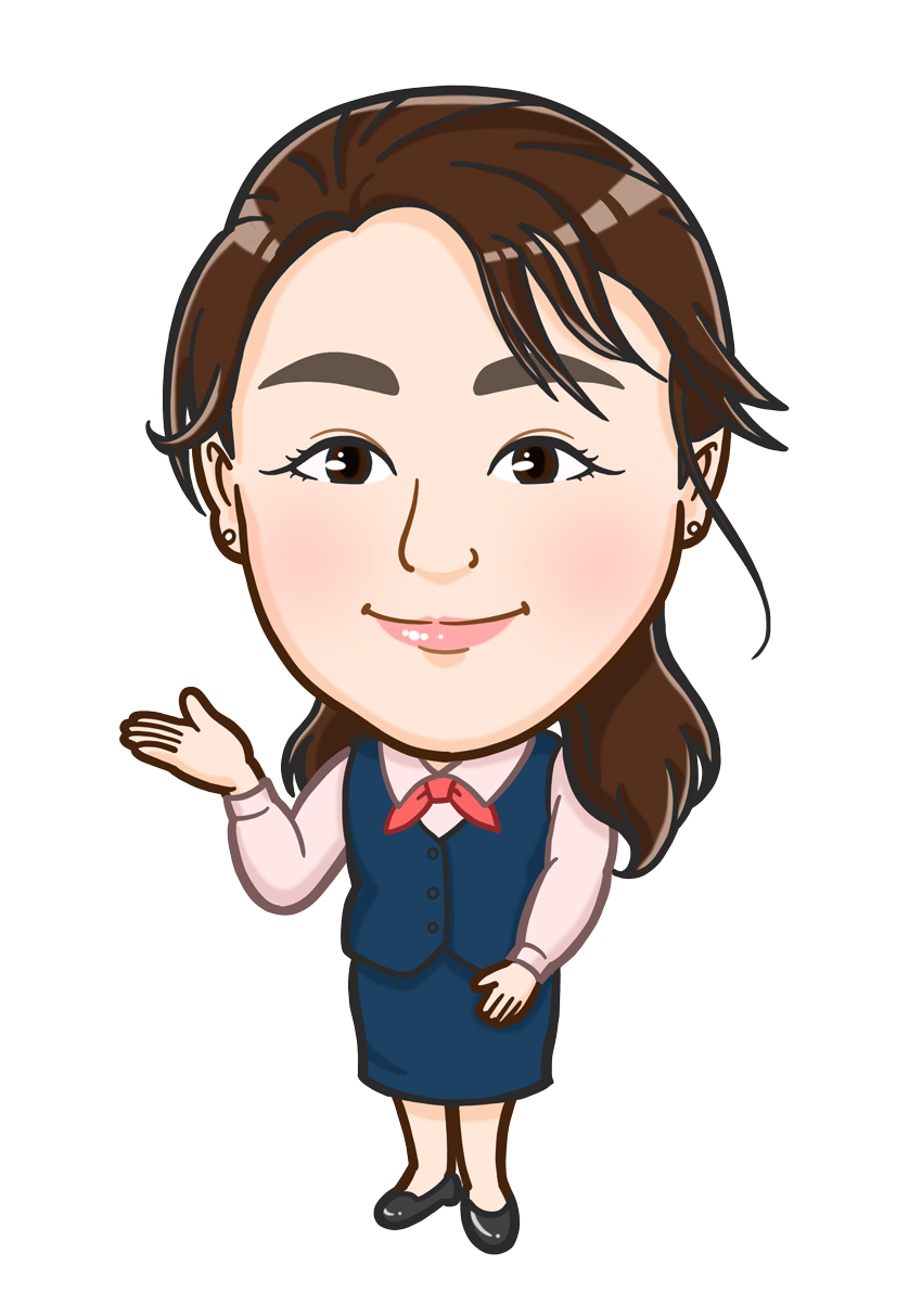 事務姿で「こちらです」ジャスチャーの女性全身似顔絵