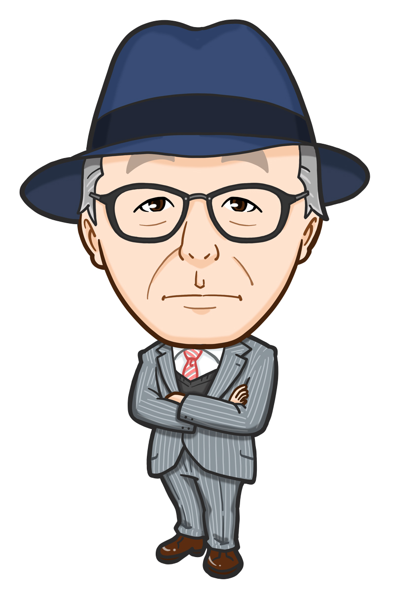 帽子をかぶったスーツ姿の男性全身似顔絵